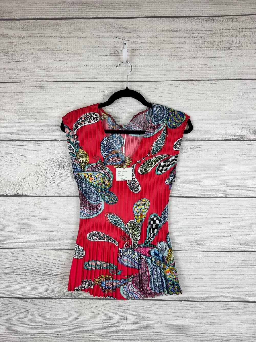 Milano Women's Coral Colorful Printed Scrunch Pleated Sleeveless Top Size Large